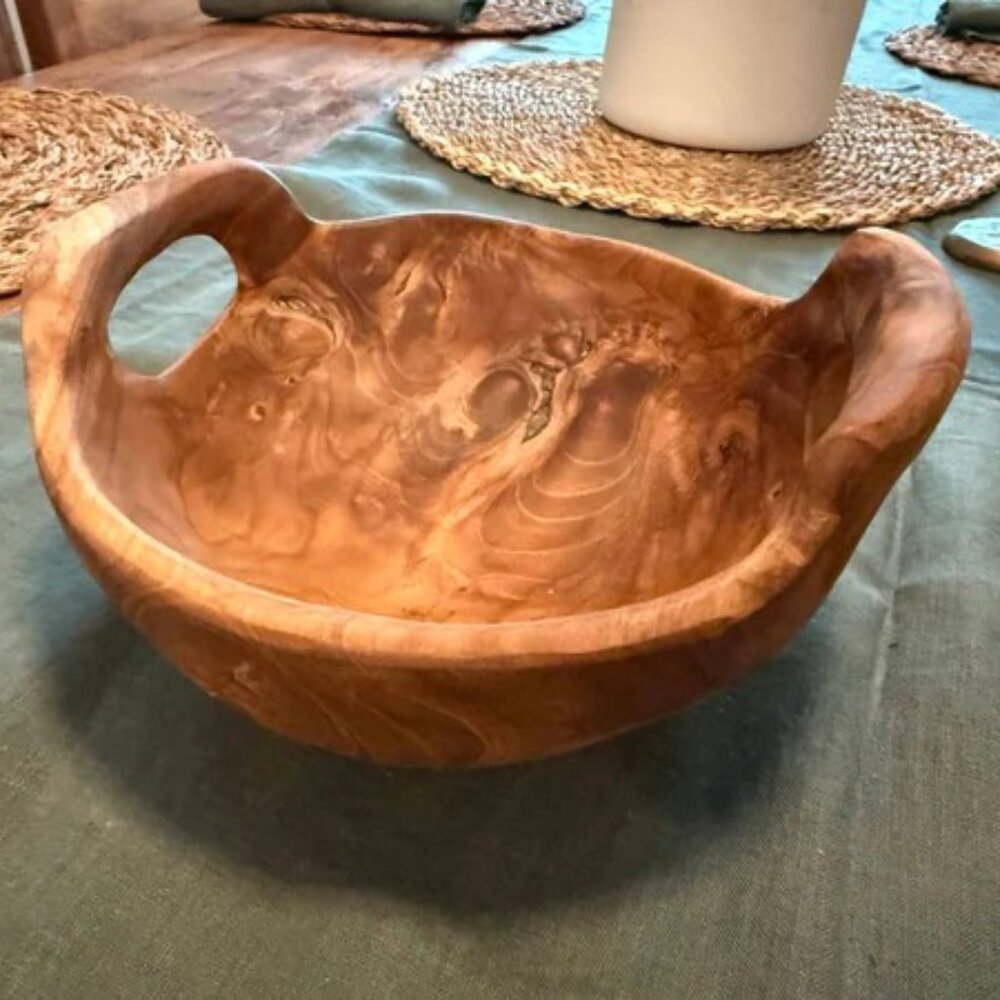 Rustic Teak Bowl with Handle 8" in Diameter